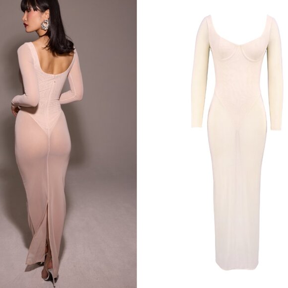 House of CB 'Everly' blush mesh maxi dress with bodysuit NWOT - Picture 11 of 11